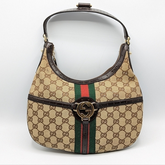 Gucci Monogram GG Web Reigns Small Shoulder Hobo Bag - Picture 1 of 14